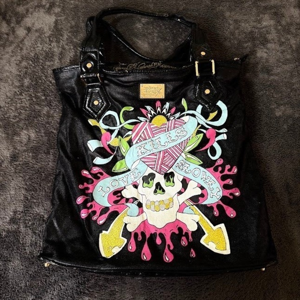 Ed Hardy Love Kills Slowly Black Tote Bag Rhinestone Skull Tattoo Y2K Christian